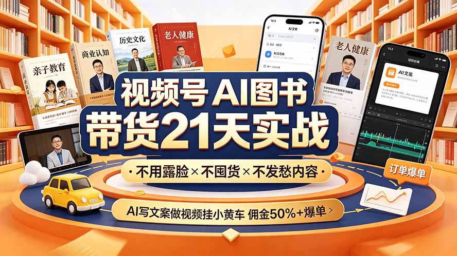 视频号AI图书带货21天实战:不用露脸×不囤货×不发愁内容,AI写文案做视频挂小黄车,佣金50%+爆单-资源宝库