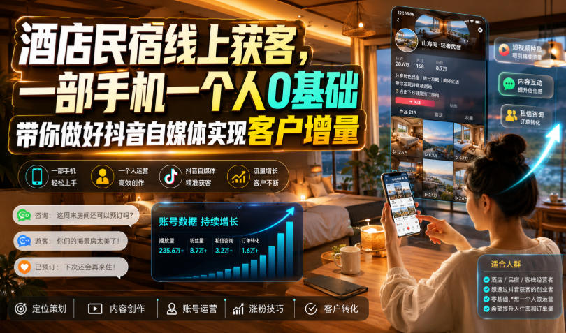 酒店民宿线上获客，一部手机一个人0基础带你做好抖音自媒体实现客户增量-资源宝库