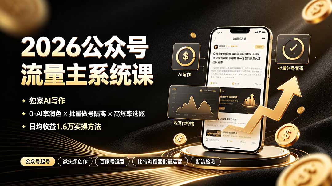 2026公众号流量主系统课:独家AI写作×0-AI率润色×批量做号隔离×高爆率选题,日均收益1.6万实操方法-资源宝库
