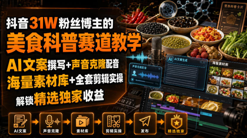 抖音31W粉丝博主的美食科普赛道教学，AI文案撰写+声音克隆配音+剪辑实操，解锁精选独家收益-资源宝库