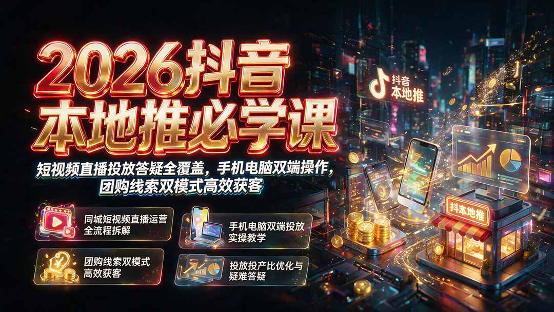 2026抖音本地推必学课｜短视频直播投放答疑全覆盖，手机电脑双端操作，团购线索双模式高效获客-资源宝库