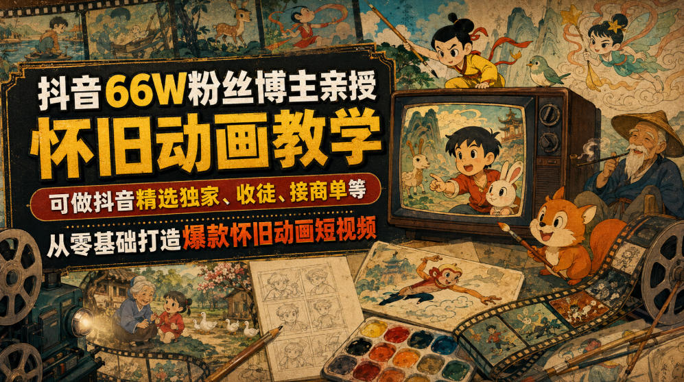 抖音66W粉丝博主亲授怀旧动画教学，可做抖音精选独家、收徒、接商单等，从零基础打造爆款怀旧动画短视频-资源宝库