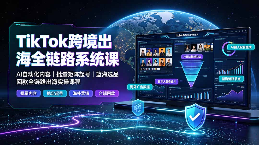 TikTok跨境出海全链路系统课-2026年7月:AI自动化内容|批量矩阵起号|蓝海选品回款全链路出海实操课程-资源宝库