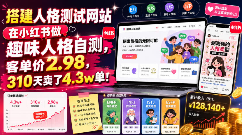 搭建人格测试网站在小红书做趣味人格自测，客单价2.98，310天卖了4.3w单！-资源宝库