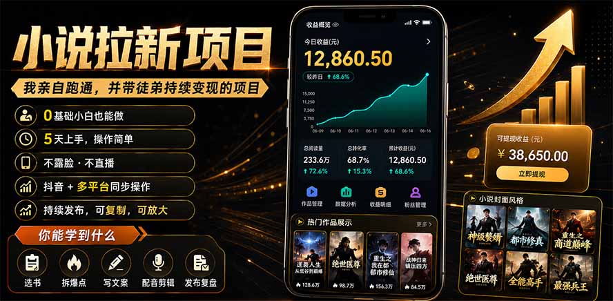 抖音及多平台小说拉新项目:我亲自跑通并持续带徒弟实操|0基础小白5天上手快速变现-资源宝库