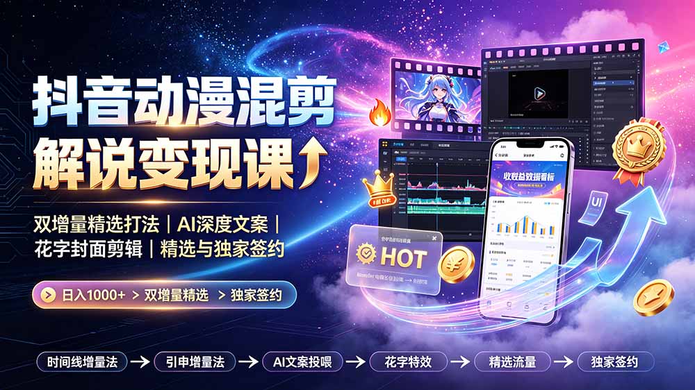 抖音动漫混剪解说变现课：双增量精选打法｜AI深度文案｜花字封面剪辑｜ 精选与独家签约日入1000+-资源宝库