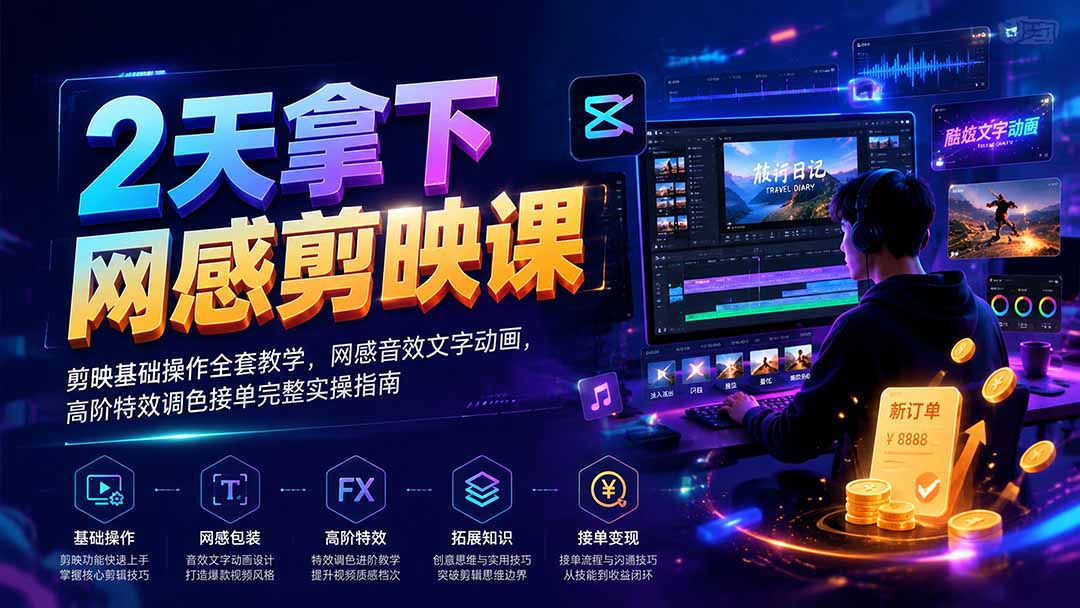 2天拿下网感剪辑课｜剪映基础操作全套教学，网感音效文字动画，高阶特效调色接单完整实操指南-资源宝库