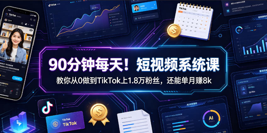 90分钟每天！短视频系统课教你从0做到TikTok上1.8万粉丝，还能单月賺8k【原创双语字幕】-资源宝库