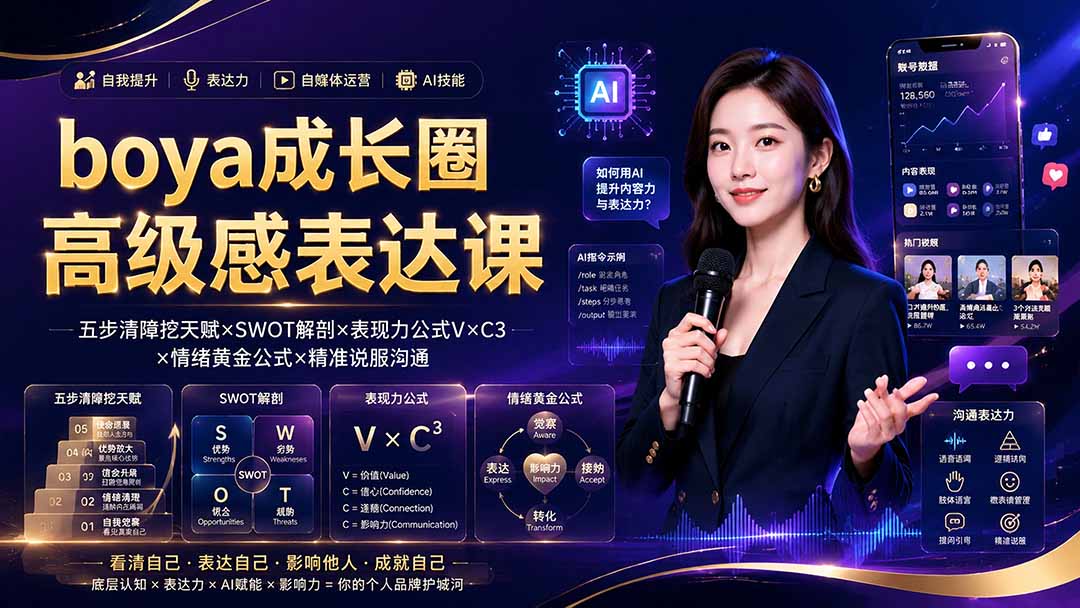 boya成长圈｜内心成长高级表达AI自媒体三合一，消解内耗挖掘天赋，镜头沟通AI指令短视频全流程教学-资源宝库
