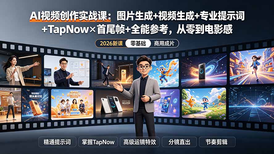 AI视频创作实战课：图片生成+视频生成+专业提示词+TapNow×首尾帧+全能参考，从零到电影感成片-资源宝库