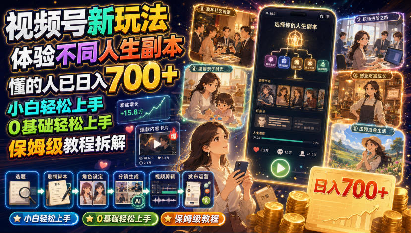 视频号新玩法体验不同人生副本,懂的人已日入700+,小白轻松上手,0基础轻松上手,保姆级教程拆解-资源宝库
