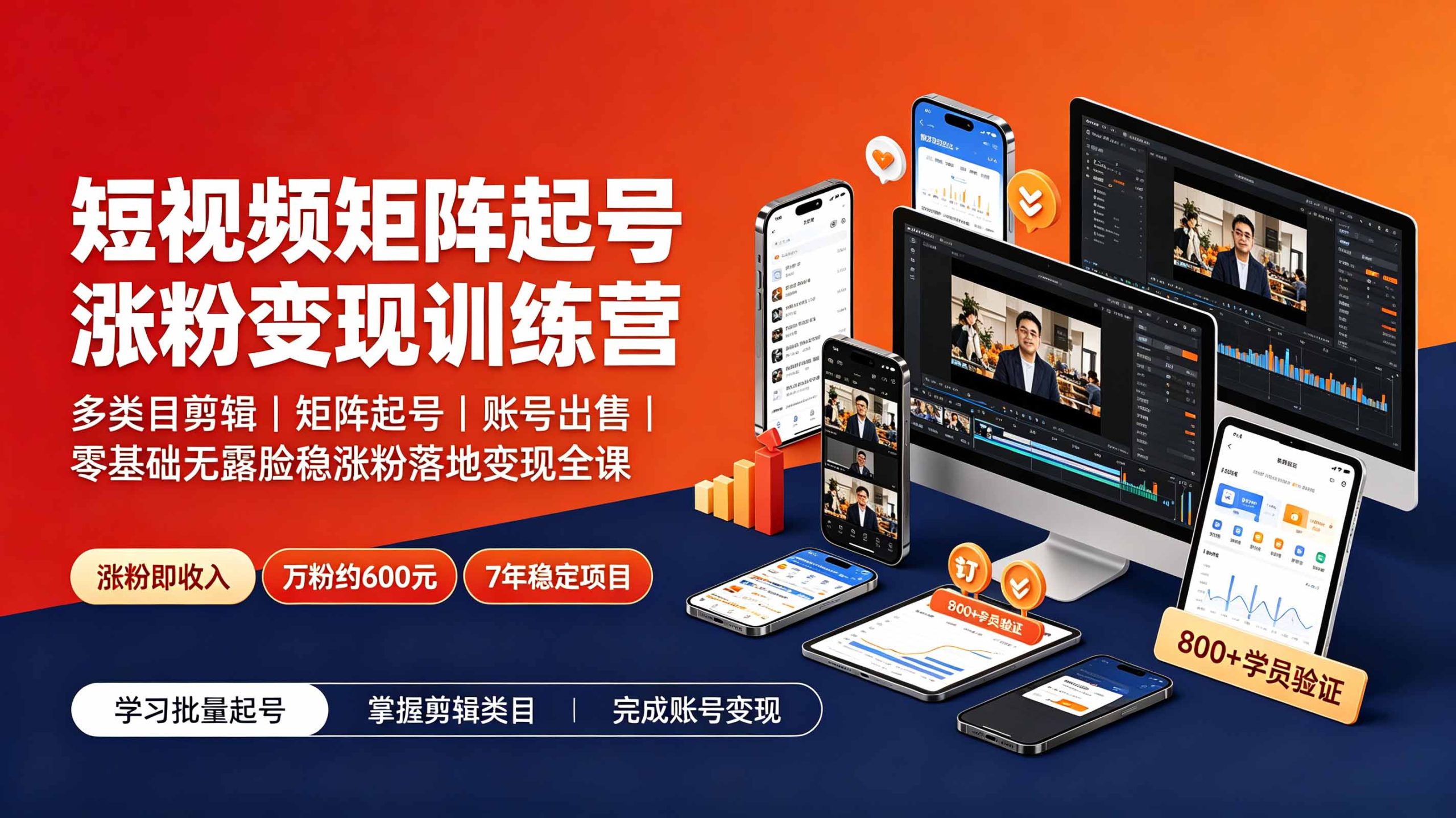 短视频矩阵起号涨粉变现训练营|多类目剪辑·矩阵起号·账号出售,零基础无露脸稳涨粉落地变现全课-资源宝库