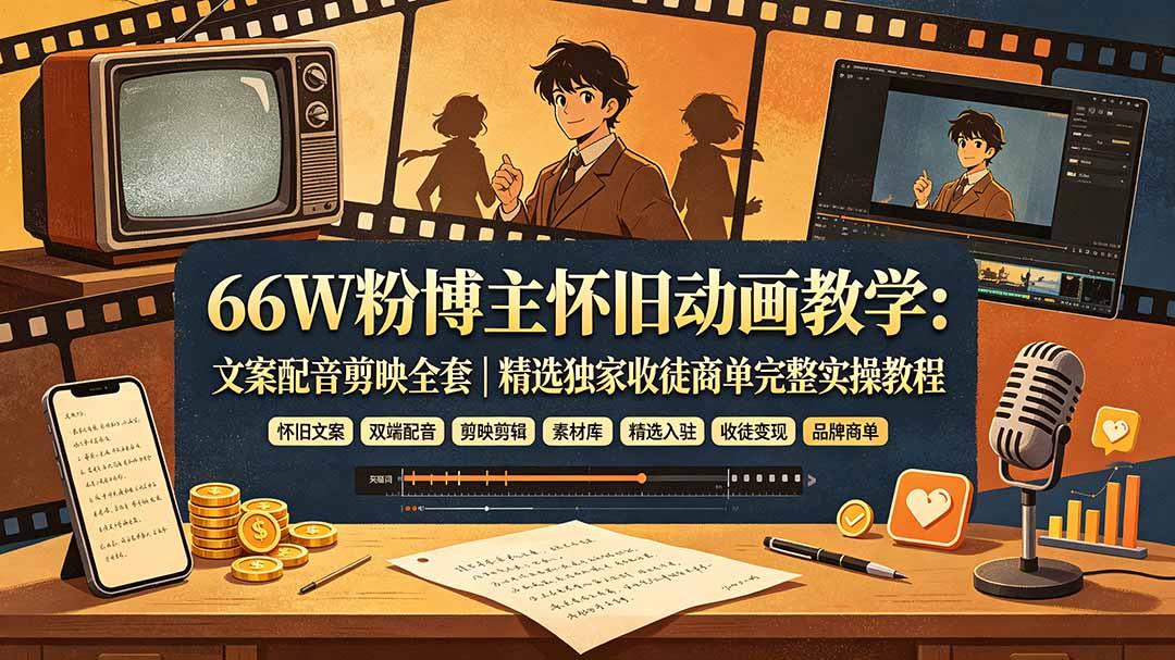 66W粉博主怀旧动画教学:文案配音剪映全套|精选独家收徒商单完整实操教程-资源宝库