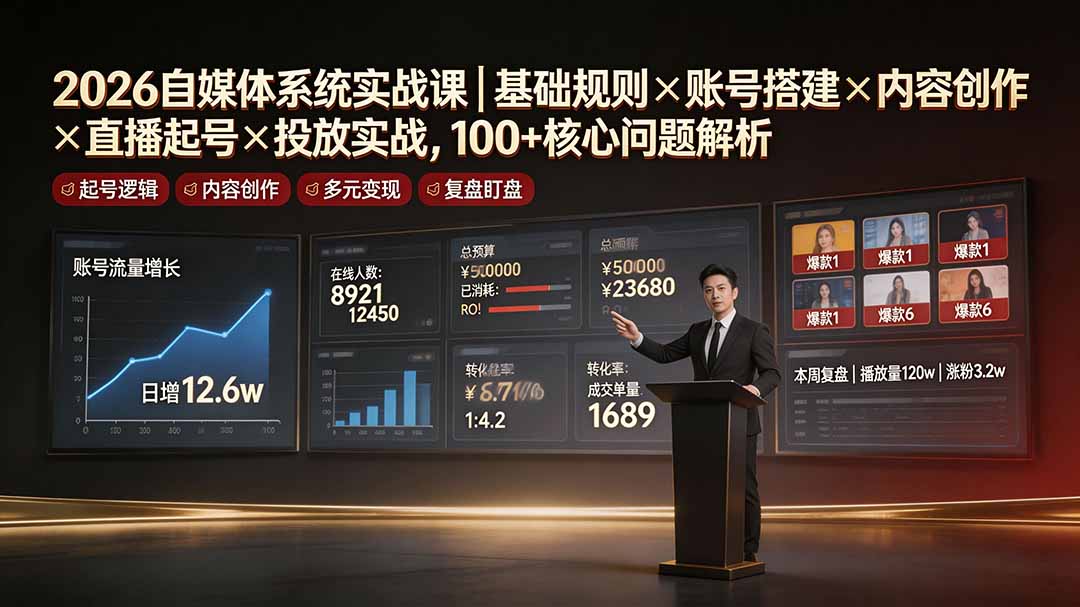 2026自媒体系统实战课｜基础规则×账号搭建×内容创作×直播起号×投放实战，100+核心问题解析-资源宝库
