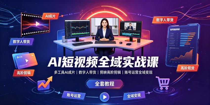AI短视频全域实战课｜多工具AI成片、数字人带货、剪映高阶剪辑、账号运营全域变现全套教程-资源宝库