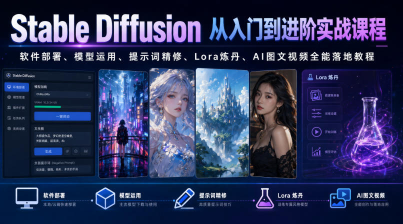 Stable Diffusion从入门到进阶实战课程｜软件部署、模型运用、提示词精修、Lora炼丹、AI图文视频全能落地教程-资源宝库