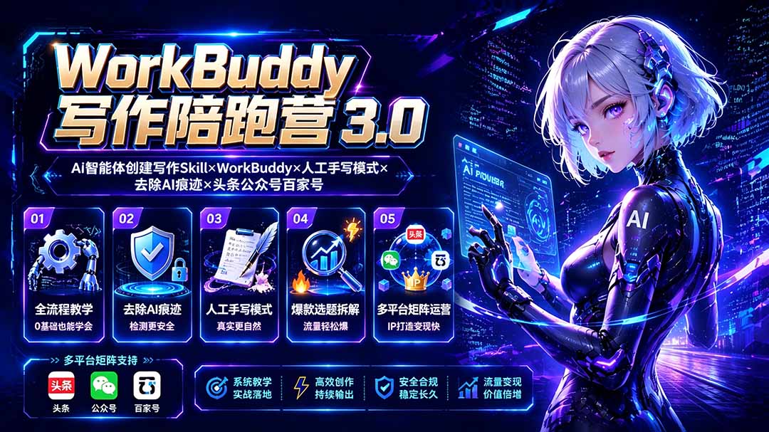 WorkBuddy写作陪跑营3.0-更新：Ai智能体创建写作Skill×WorkBuddy×人工手写模式×去除AI痕迹×头条公众号百家号-资源宝库