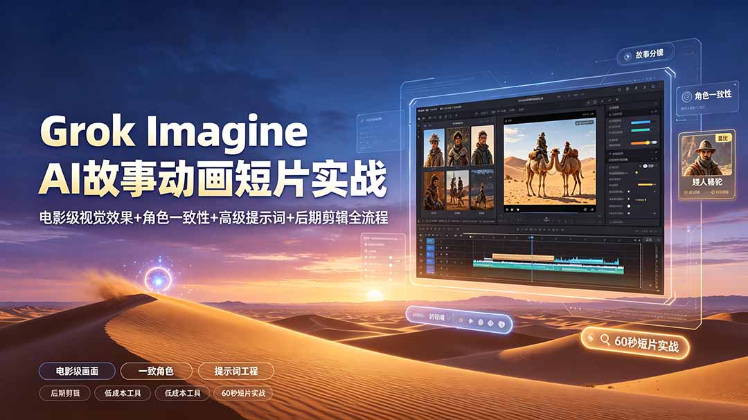 Grok Imagine AI故事动画短片实战：电影级视觉效果+角色一致性+高级提示词+后期剪辑全流程-资源宝库