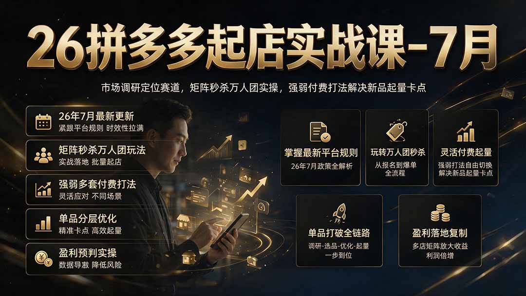 26拼多多起店实战课-7月｜市场调研定位赛道，矩阵秒杀万人团实操，强弱付费打法解决新品起量卡点-资源宝库