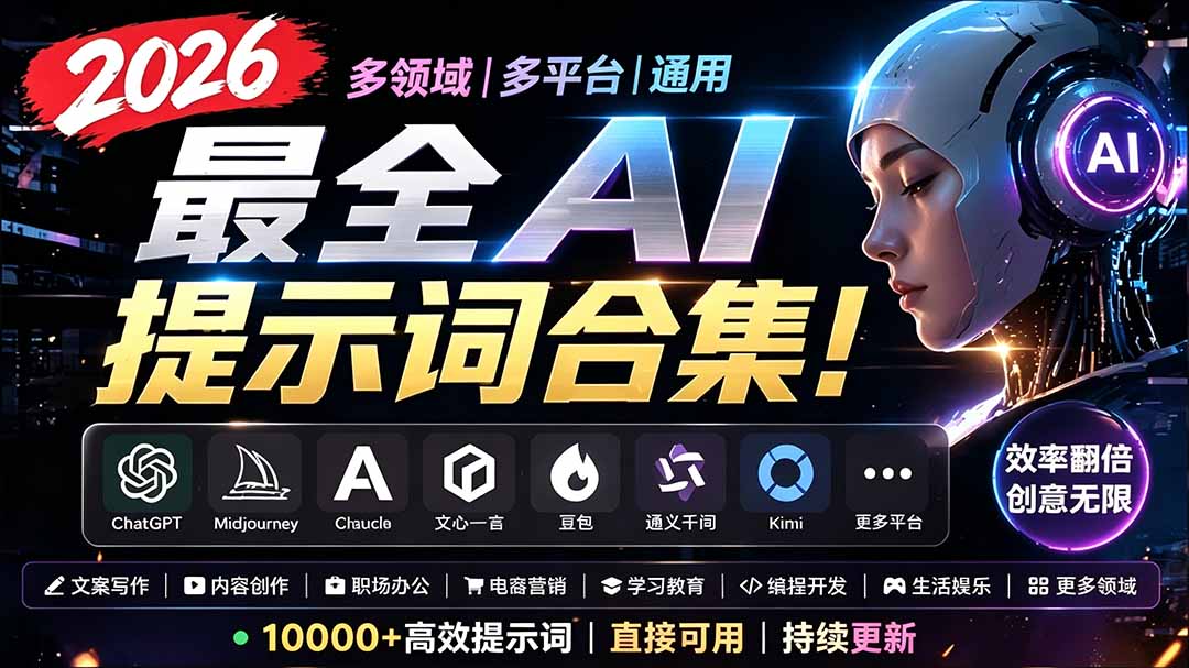 2026最全AI提示词合集!多领域多平台通用,涵盖AI绘画、电商主图、爆款文案,脚本创作等-资源宝库