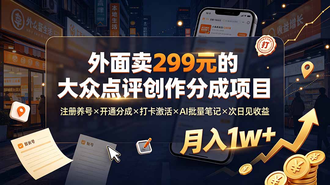 外面卖299元的大众点评创作分成项目:注册养号×开通分成×打卡激活×AI批量笔记×次日见收益,月入1w+-资源宝库