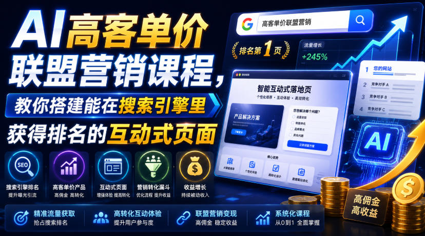 AI高客单价联盟营销课程,教你搭建能在搜索引擎里获得排名的互动式页面,引来流量,把访客转化为高佣金的成交【原创双语字幕】-资源宝库