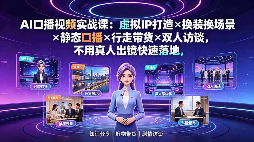 AI口播视频实战课：虚拟IP打造×换装换场景×静态口播×行走带货×双人访谈，不用真人出镜快速落地-资源宝库