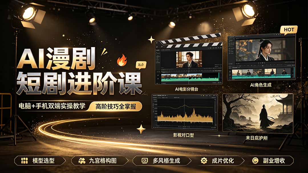 AI漫剧短剧进阶课｜电脑+手机双端实操教学｜影视剧对口型人物吃瓜×解压末日庇护所全程讲解，高阶技巧全掌握-资源宝库