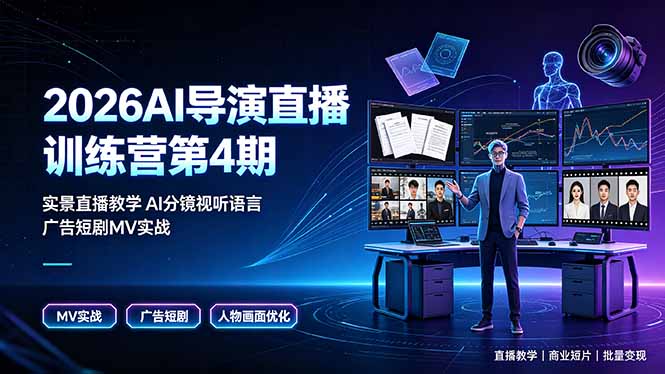 2026AI导演直播训练营第4期,实景直播教学AI分镜视听语言,广告短剧MV实战,解决人物画面崩坏痛点-资源宝库