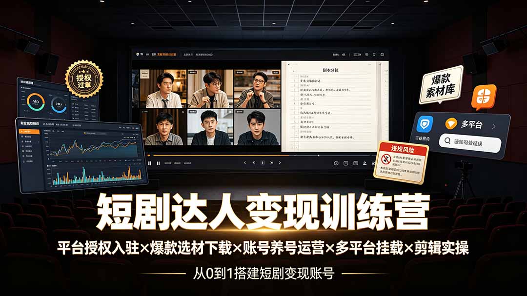 短剧达人变现训练营：平台授权入驻×爆款选材下载×账号养号运营×多平台挂载×剪辑实操×违规处理全流程-资源宝库