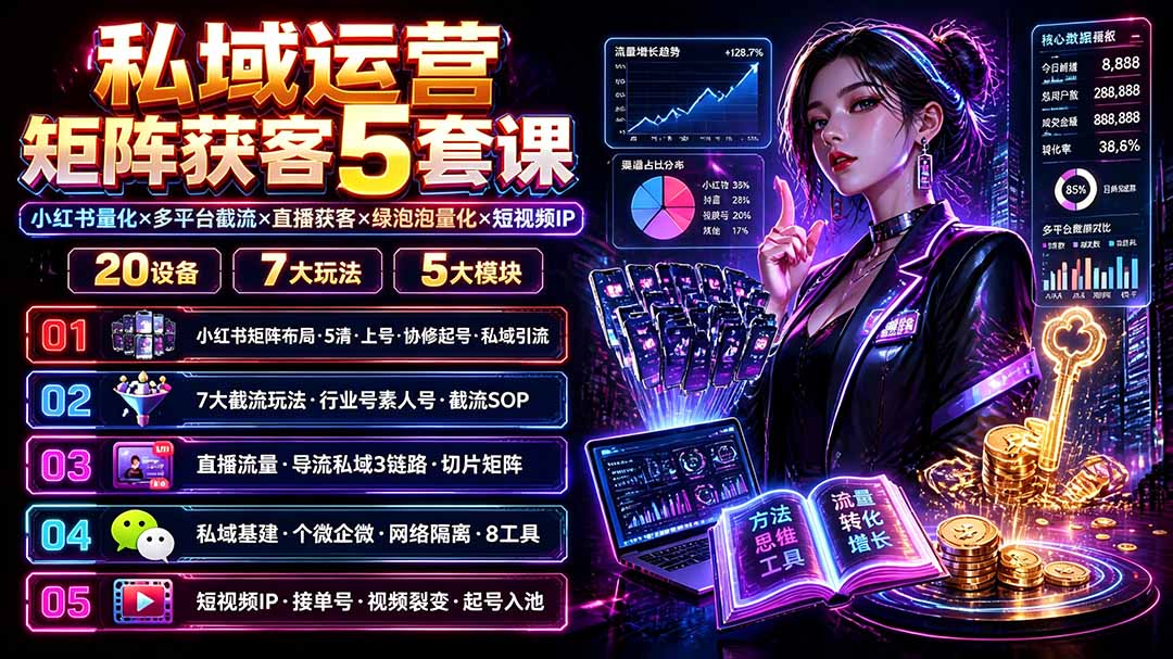 私域运营矩阵获客5套课：小红书量化×多平台截流×直播获客×绿泡泡量化×短视频IP×20设备×7大玩法-资源宝库