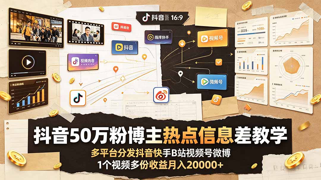 抖音50万粉博主热点信息差教学：多平台分发抖音快手B站视频号微博，1个视频多份收益月入20000+-资源宝库