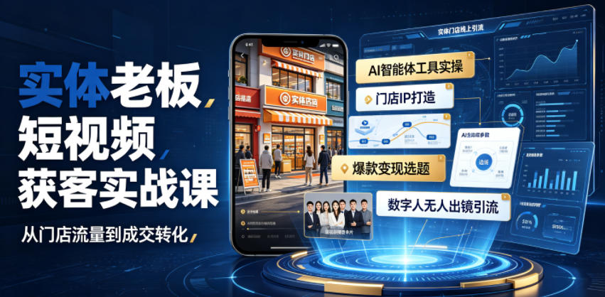实体老板短视频获客实战课｜AI智能体工具全套实操、门店IP打造、爆款变现选题、数字人无人出镜引流完整教程-资源宝库