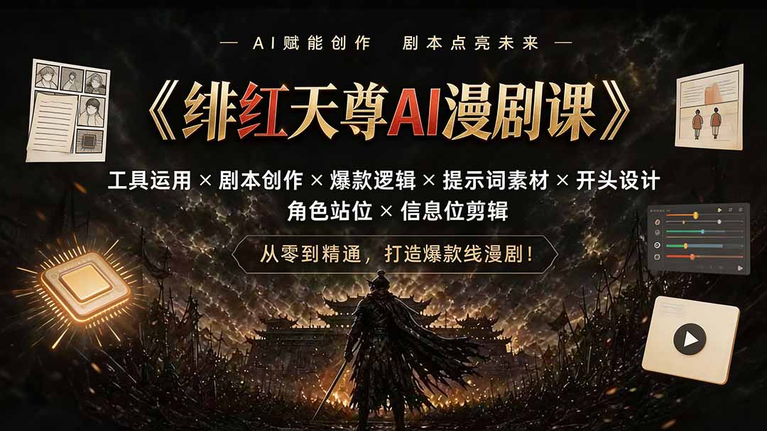 绯红天尊AI漫剧课｜工具运用×剧本创作×爆款逻辑×提示词素材×开头设计×角色站位×信息位剪辑-资源宝库