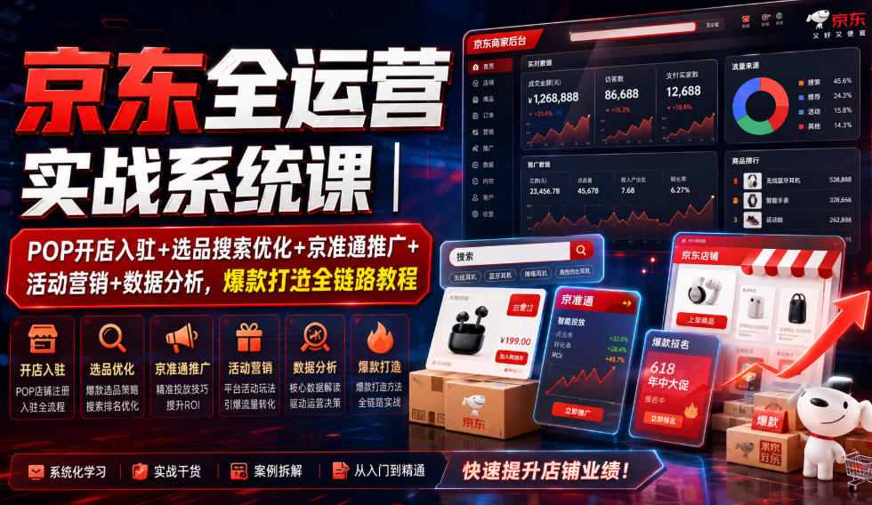 京东全运营实战系统课｜POP开店入驻+选品搜索优化+京准通推广+活动营销+数据分析，爆款打造全链路教程-资源宝库