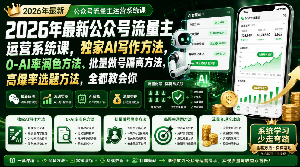 2026年最新公众号流量主运营系统课，独家AI写作方法，0-AI率润色方法、批量做号隔离方法、高爆率选题方法，全都教会你-资源宝库