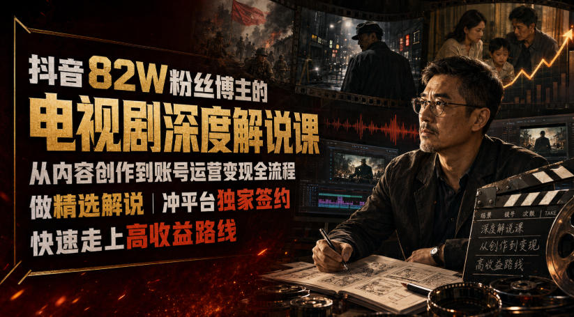 抖音82W粉丝博主的电视剧深度解说课，从内容创作到账号运营变现全流程，做精选解说，冲平台独家签约，快速走上高收益路线-资源宝库