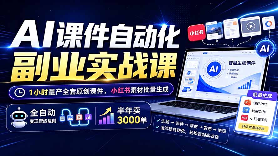 AI课件自动化副业实战课：1小时量产全套原创课件×小红书素材批量生成×全自动变现管线×半年卖3000单-资源宝库