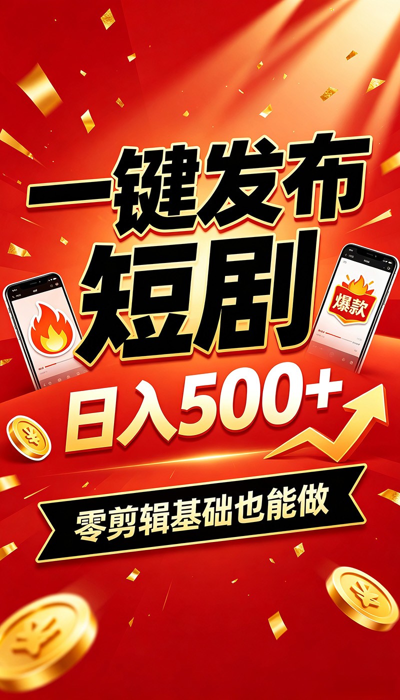 快手短剧一键发布，不用剪辑操作简单，副业日入500+。空闲时间轻松赚收益-资源宝库