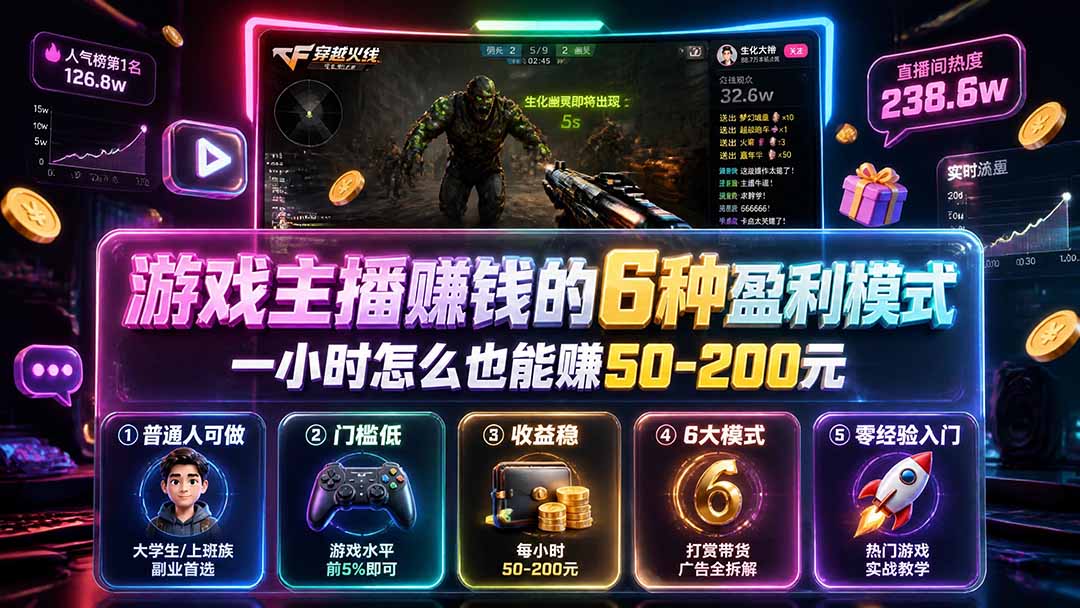 付费文章：游戏主播赚钱的6种盈利模式，一小时怎么也能赚50-200元-资源宝库