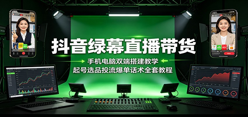 抖音绿幕直播带货:手机电脑双端搭建教学,起号选品投流爆单话术全套教程-资源宝库
