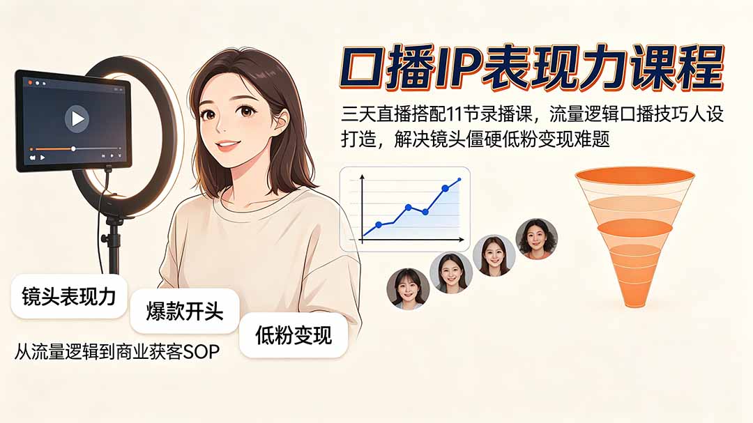 口播IP表现力课程｜三天直播搭配11节录播课，流量逻辑口播技巧人设打造，解决镜头僵硬低粉变现难题-资源宝库