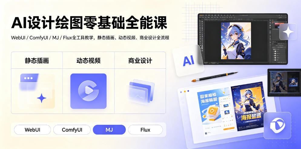 AI设计绘图零基础全能课｜WebUI/ComfyUI/MJ/Flux全工具教学，静态插画、动态视频、商业设计全流程-资源宝库