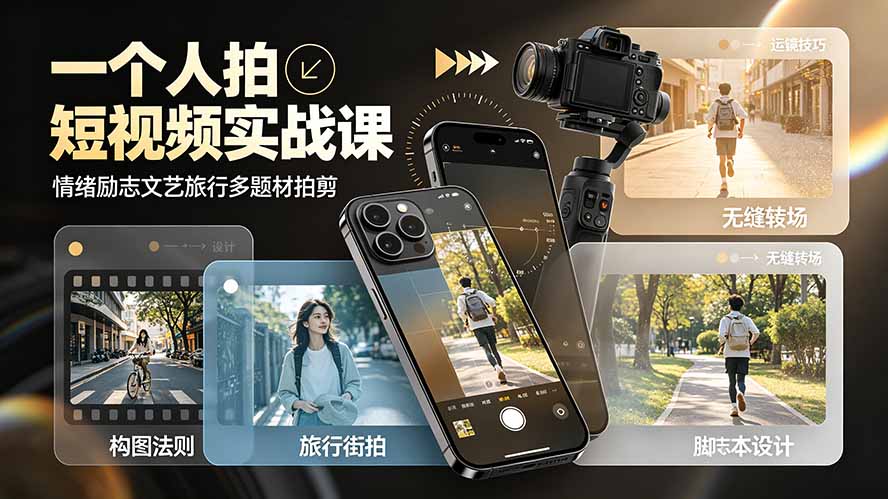 一个人拍短视频实战课：情绪励志文艺旅行多题材×五大景别×黄金构图×八大运镜，从拍摄到成片高效创作-资源宝库