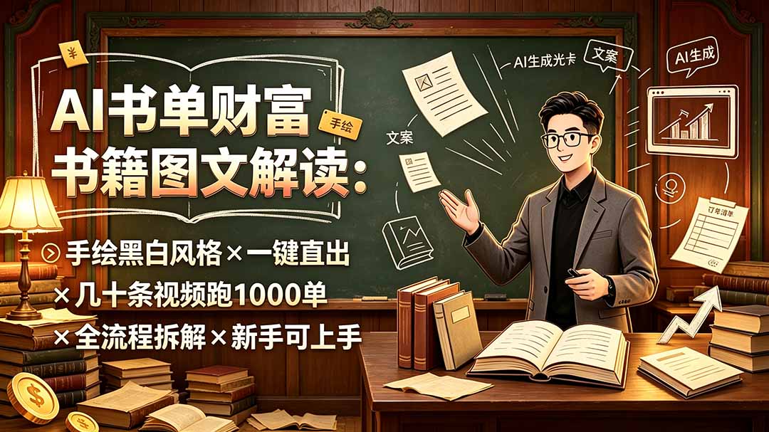 AI书单财富书籍图文解读：手绘黑白风格×一键直出×几十条视频跑1000单×全流程拆解×新手可上手-资源宝库