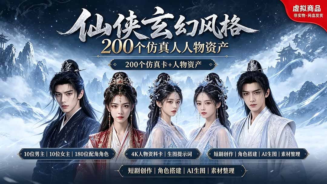200个仙侠玄幻仿真人素材◆10男主×10女主×180配角，4K资料卡+AI生图提示词，漫剧必备-资源宝库