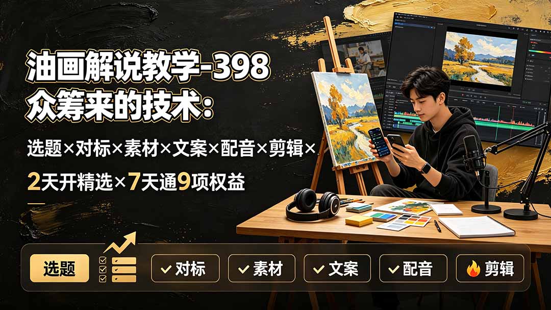 油画解说教学-398众筹来的技术:选题×对标×素材×文案×配音×剪辑×2天开精选×7天通9项权益-资源宝库