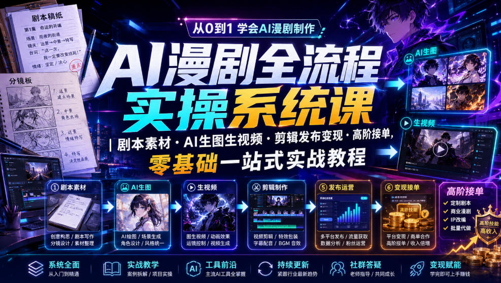 AI漫剧全流程实操系统课|剧本素材・AI生图生视频・剪辑发布变现・高阶接单,零基础一站式实战教程-资源宝库