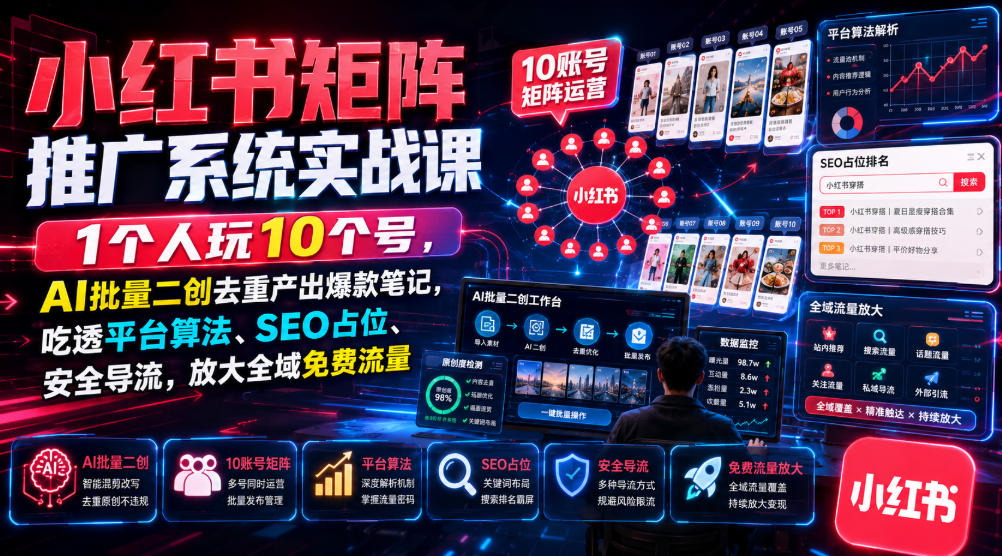 小红书矩阵推广系统实战课|1个人玩10个号,AI批量二创去重产出爆款笔记,吃透平台算法、SEO占位、安全导流,放大全域免费流量