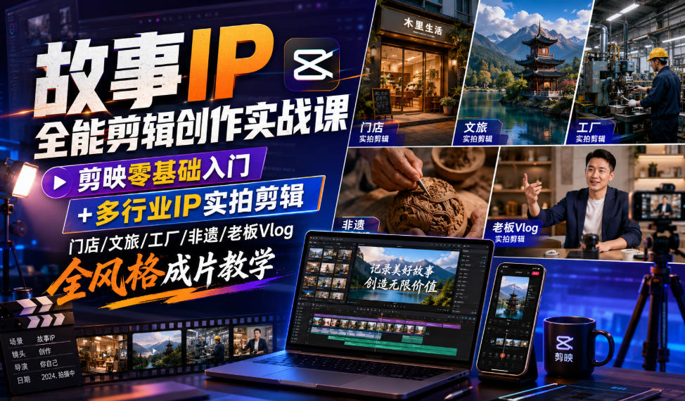 故事IP全能剪辑创作实战课｜剪映零基础入门+多行业IP实拍剪辑，门店/文旅/工厂/非遗/老板Vlog全风格成片教学-资源宝库